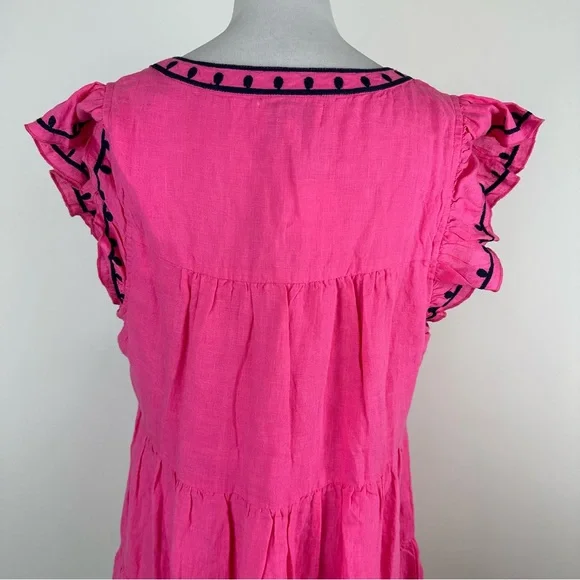 Navy Bleu Eloise Pink Embroidered Linen Flutter Sleeve Dress Size Large - Picture 12 of 14